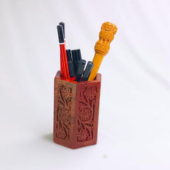 Brown Wooden Carved Pen stand