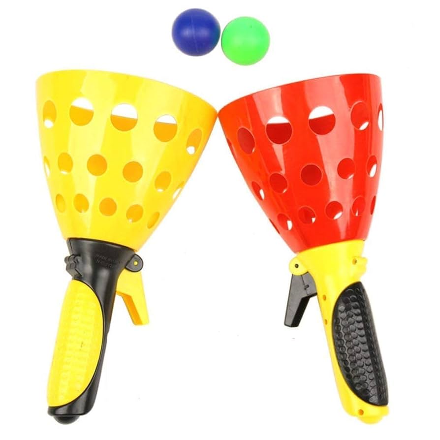 Small - Click and Catch Twin Ball Launcher Game with Balls Indoor Outdoor Toy Set, Pop & Catch Ball - Colour May Vary