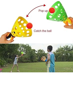 Small - Click and Catch Twin Ball Launcher Game with Balls Indoor Outdoor Toy Set, Pop & Catch Ball - Colour May Vary