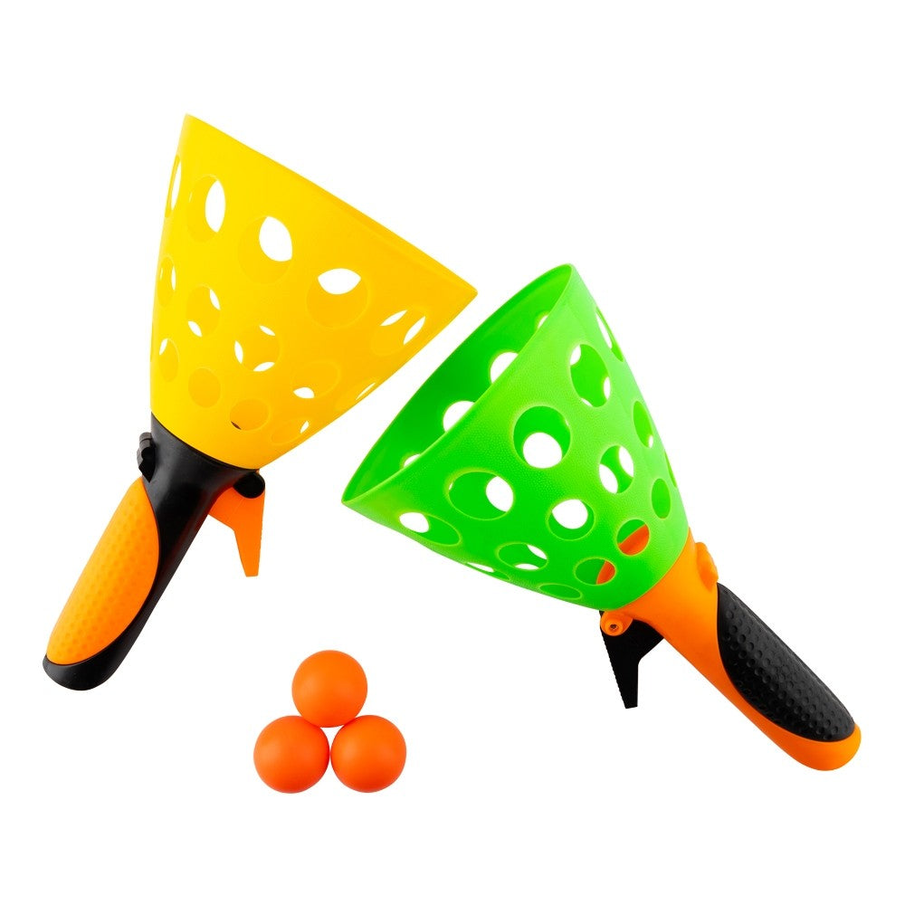 Click and Catch Twin Ball Launcher Game with Balls Indoor Outdoor Toy Set, Pop & Catch Ball - Colour May Vary