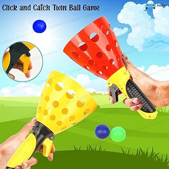 Click and Catch Twin Ball Launcher Game with Balls Indoor Outdoor Toy Set, Pop & Catch Ball - Colour May Vary