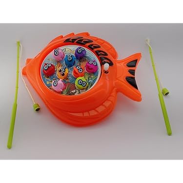 Toy fish pond with colorful fish and fishing rod on a white background
