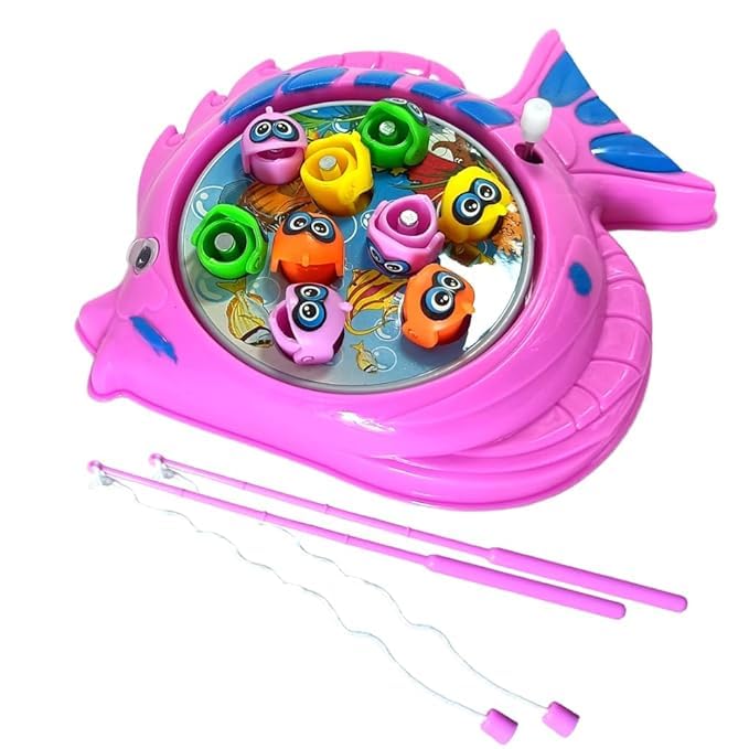 Colorful fishing toy with pink base and fishing rods on a white background
