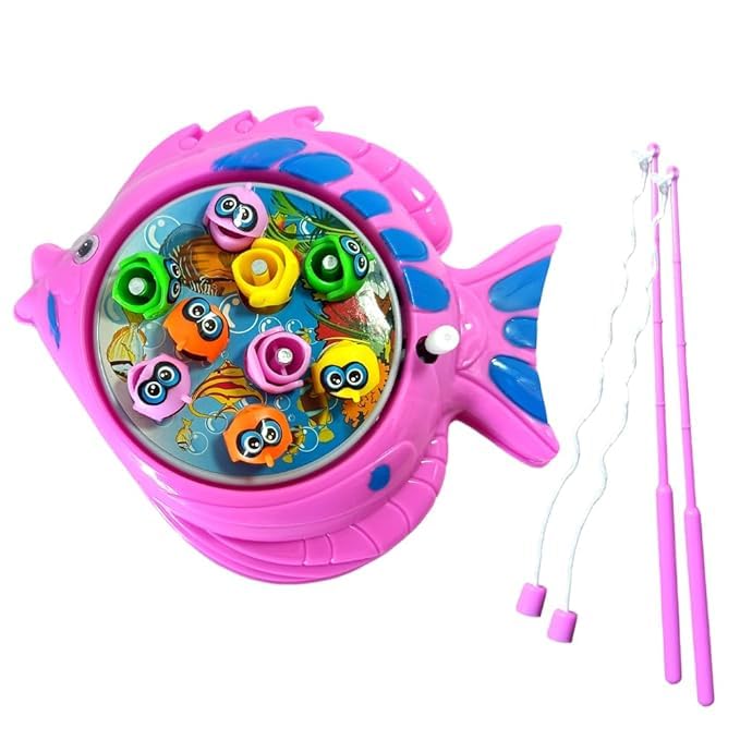 Pink toy fishing set with colorful fish on a white background