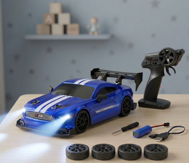 Mustang Blue 1:24 Scale RC Drift Car,4WD 2.4GHz High Speed Racing Hobby Sport Toy Car Vehicle with LED Lights,Racing and Drift Wheels for Adult Boys Girls Kids Gift (8602-Blue)
