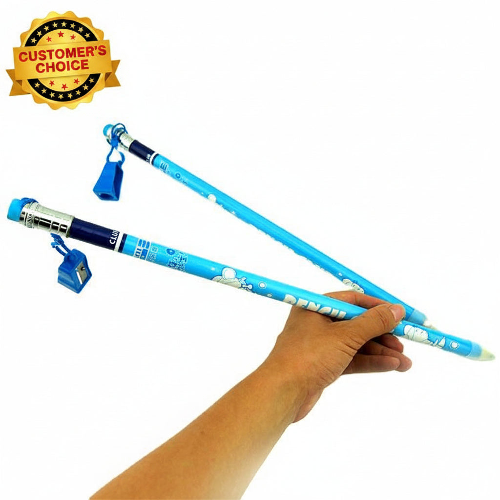 Two blue jumbo pencils with erasers held by a hand on a white background