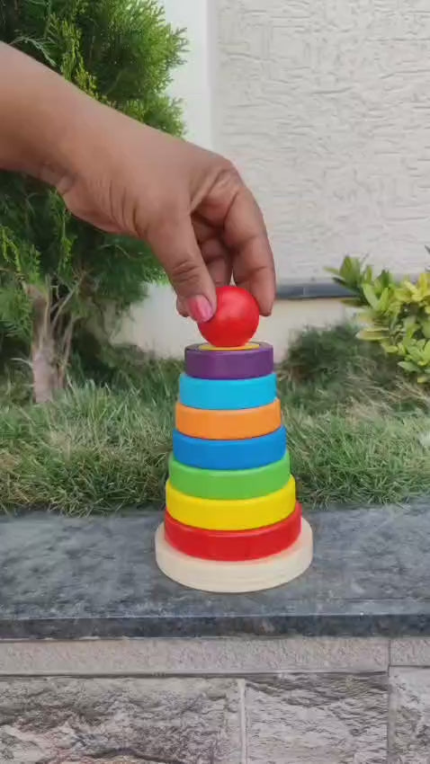 Wooden Rainbow Rings Tower - Geometric Shape Recognition, Sorting, Stacking and Plugging