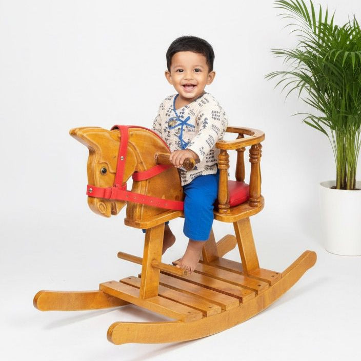 Wooden Rocking Horse With Side Support Baby Protection - Red Belt seat (No cash on Delivery)