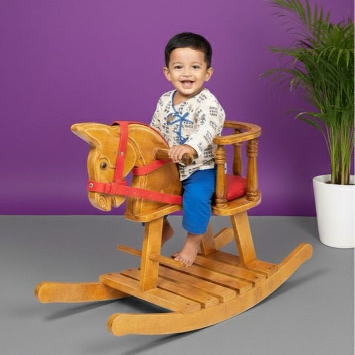 Wooden Rocking Horse With Side Support Baby Protection - Red Belt seat -Read Description