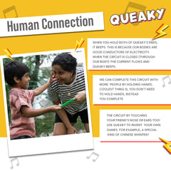 Children playing with a toy called 'Queaky' on a yellow background with text about its use.