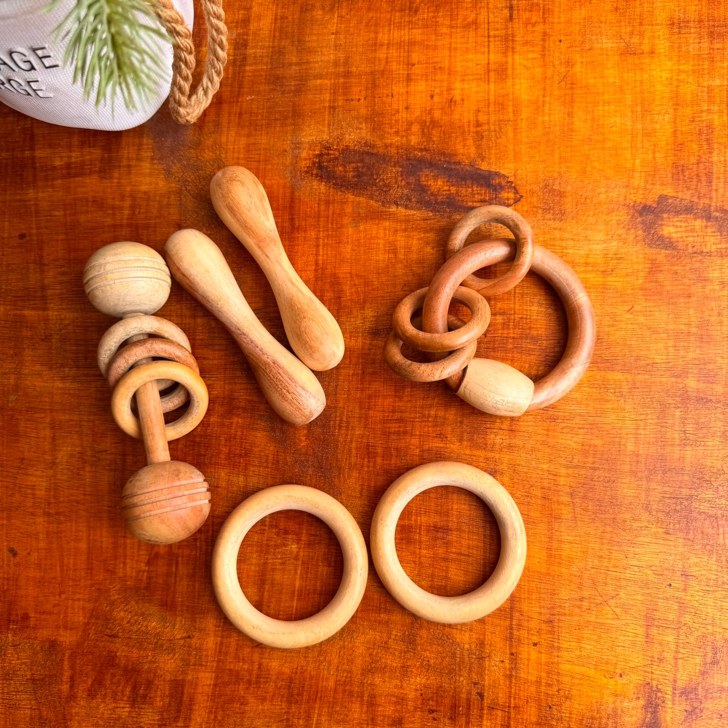 Natural Neem Wood Teether Set of 6 for Babies, Ring Rattle and Grasping Toy