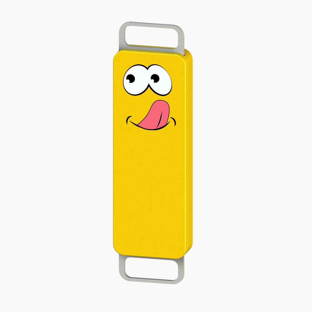 Yellow whistle wonder STEM toy with cartoon face on a white background