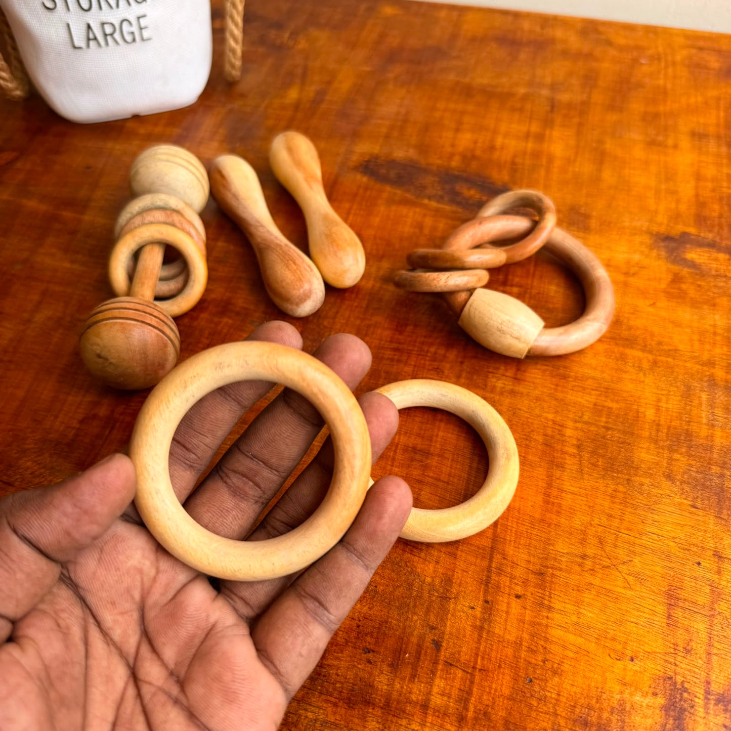 Natural Neem Wood Teether Set of 6 for Babies, Ring Rattle and Grasping Toy