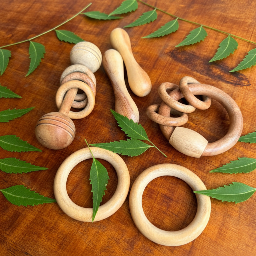 Natural Neem Wood Teether Set of 6 for Babies, Ring Rattle and Grasping Toy