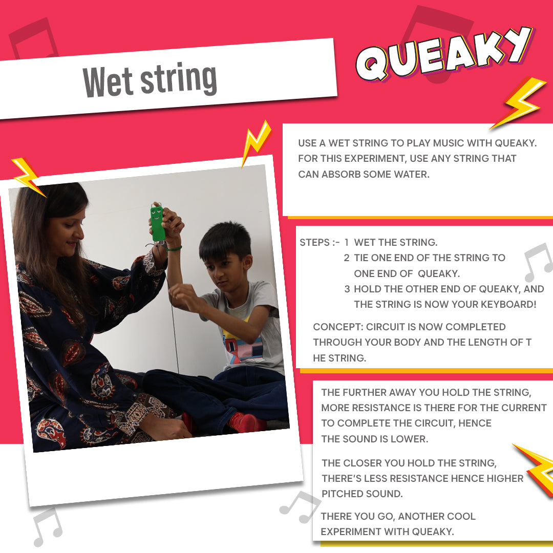 Children playing with a string and 'Queaky' device on a pink background with text instructions.