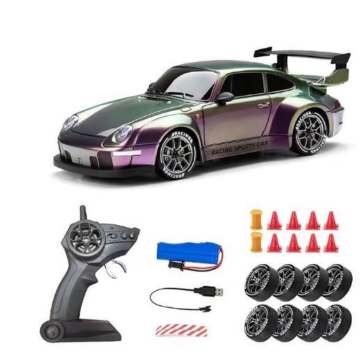 Metalic RC Drift Car PORSCHE 1:24 Scale 2.4GHz | 25 KM/H High Speed, Replaceable Drift Tyres, Rechargeable Battery, LED Lights, Traffic Cones & Spare Wheels