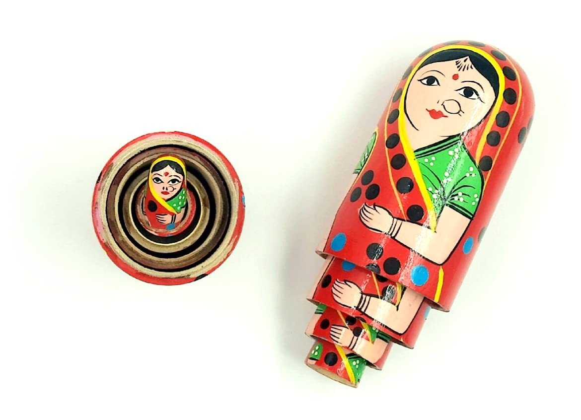 5 IN 1 Wooden Lady Family Nesting Dolls wearing saree -Any 1