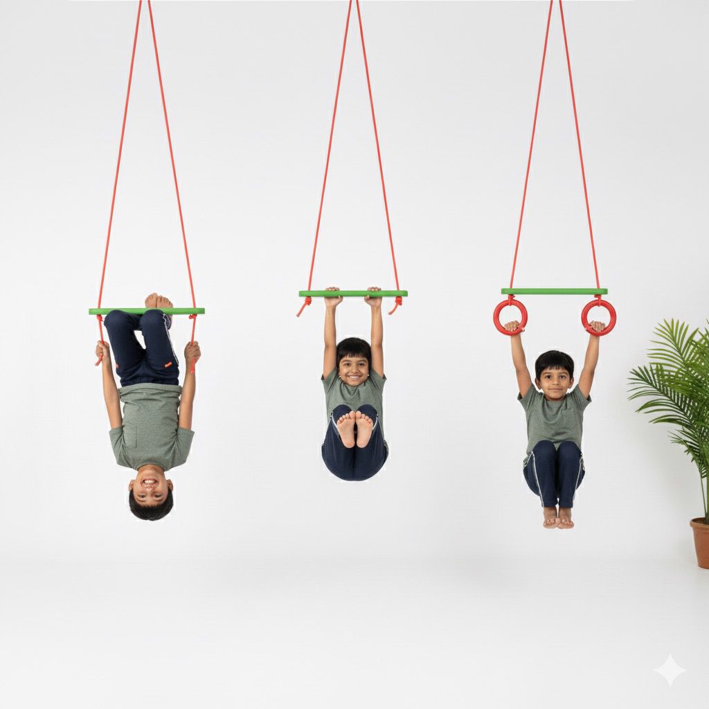 Toystorey Kids Trapeze Swing Bar with Rings and Hanging Rope Multicolor- FREE S-Hook