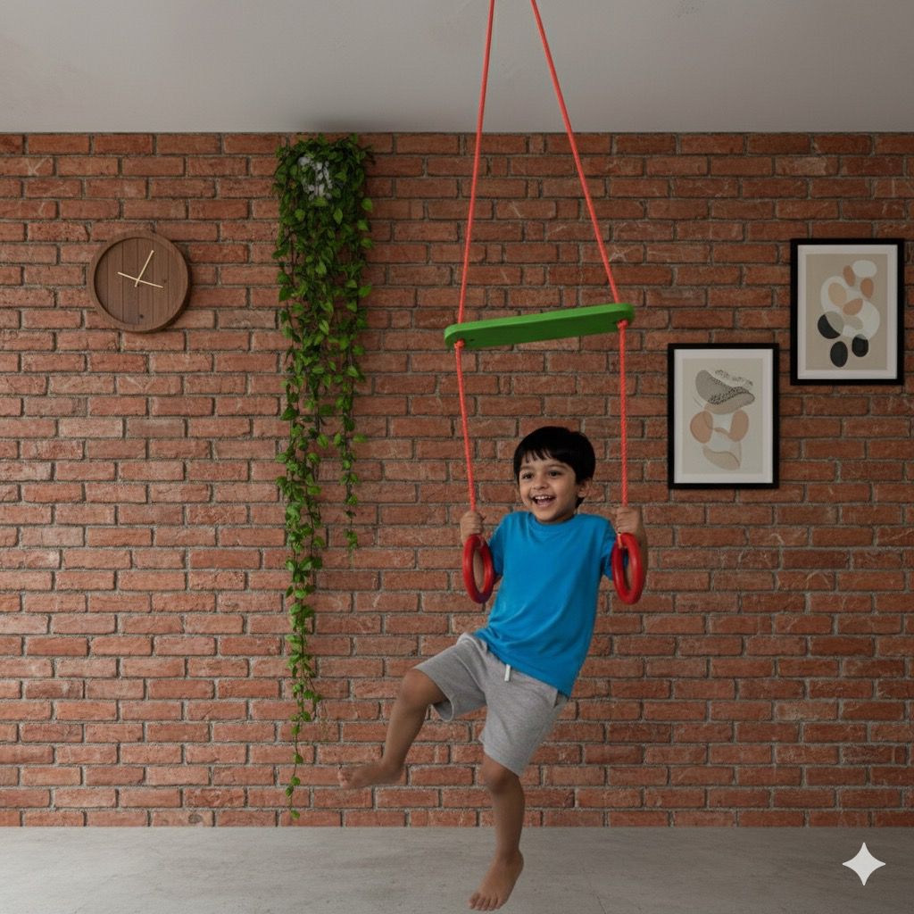 Toystorey Kids Trapeze Swing Bar with Rings and Hanging Rope Multicolor- FREE S-Hook