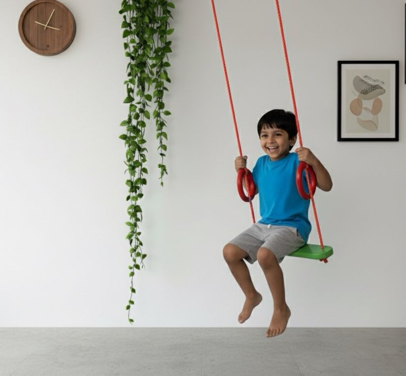 Toystorey Kids Trapeze Swing Bar with Rings and Hanging Rope Multicolor- FREE S-Hook