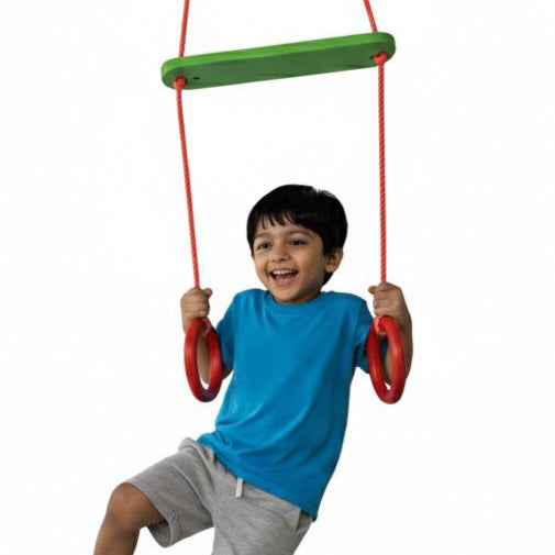 Toystorey Kids Trapeze Swing Bar with Rings and Hanging Rope Multicolor- FREE S-Hook
