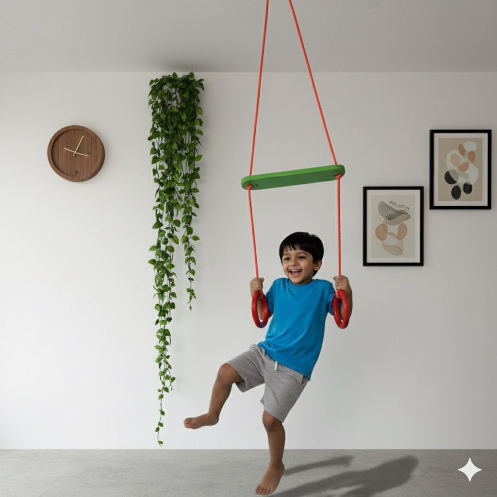 Toystorey Kids Trapeze Swing Bar with Rings and Hanging Rope Multicolor- FREE S-Hook