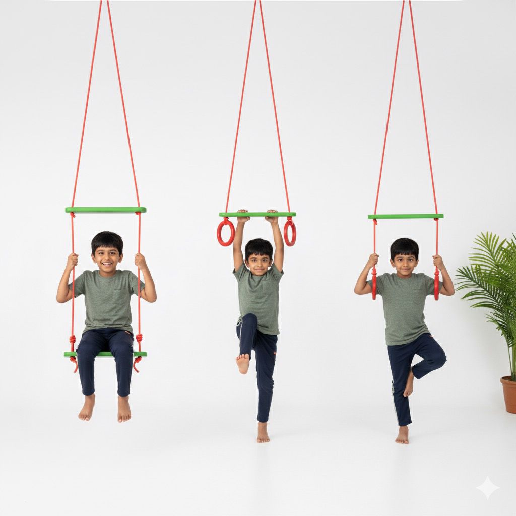 Toystorey Kids Trapeze Swing Bar with Rings and Hanging Rope Multicolor- FREE S-Hook