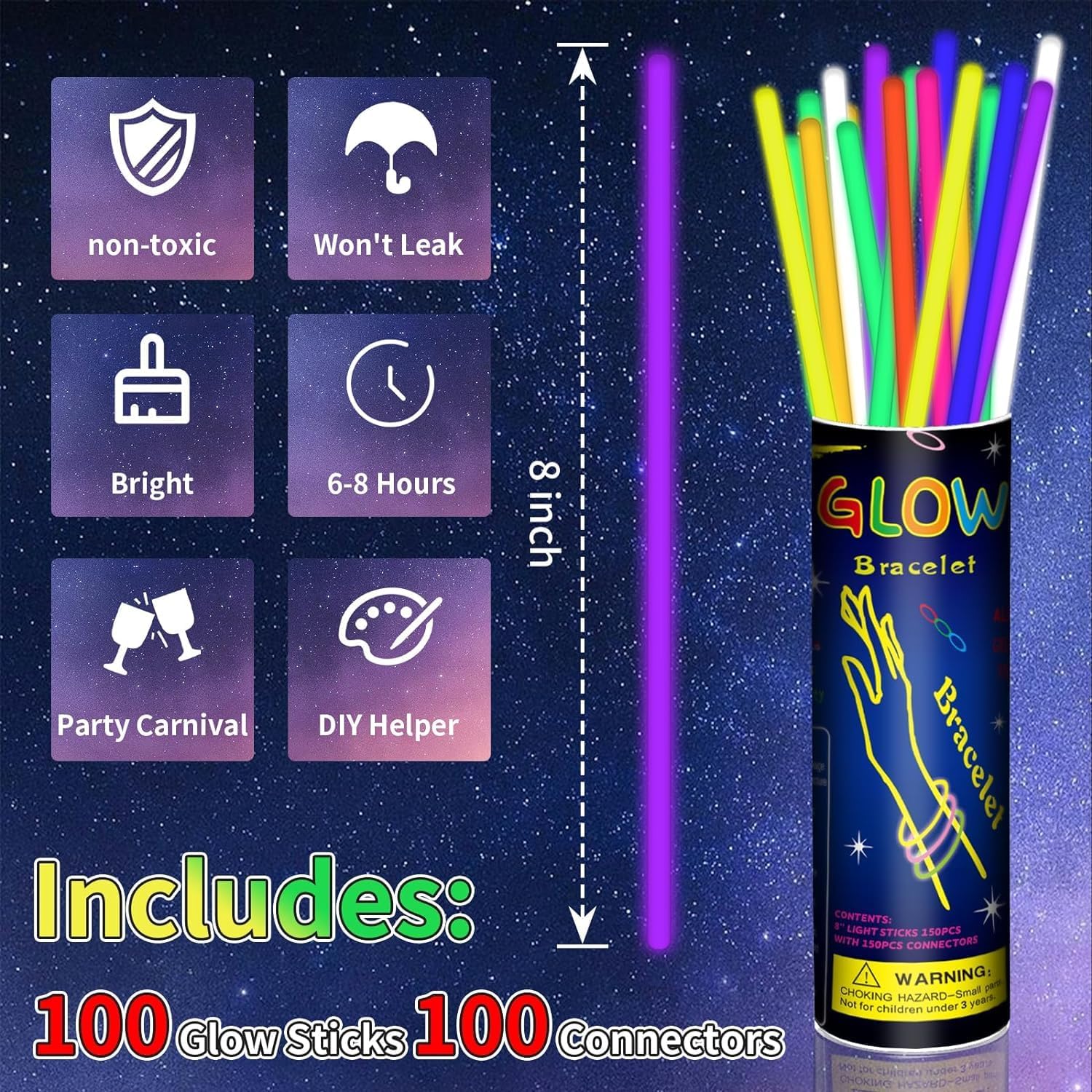 100pcs Glow Sticks in Mixed Colours -Glow in The Dark Neon Glowing Sticks