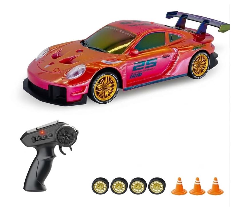 Metalic RC Drift Car PORSCHE 1:24 Scale 2.4GHz | 25 KM/H High Speed, Replaceable Drift Tyres, Rechargeable Battery, LED Lights, Traffic Cones & Spare Wheels