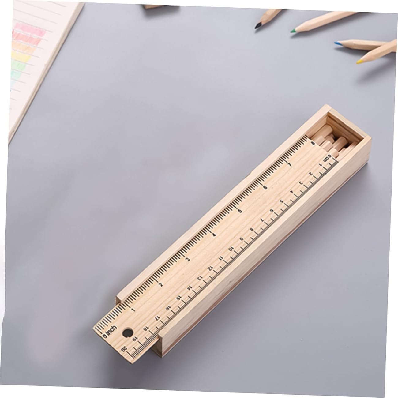 wooden color pencil set with sharpener and scale box